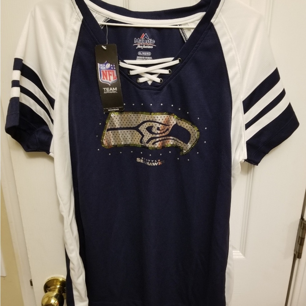 Majestic Navy sequin rhinestone xl nfl Seahawks Super Bowl Fashion Jersey